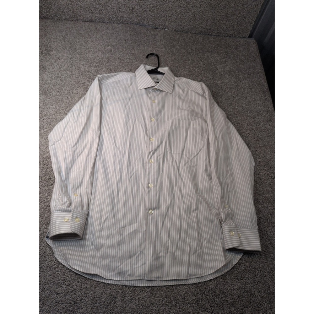 Joseph Abboud Mens Non-Iron Striped Dress Shirt 16.5 32/33 Tan White Cotton